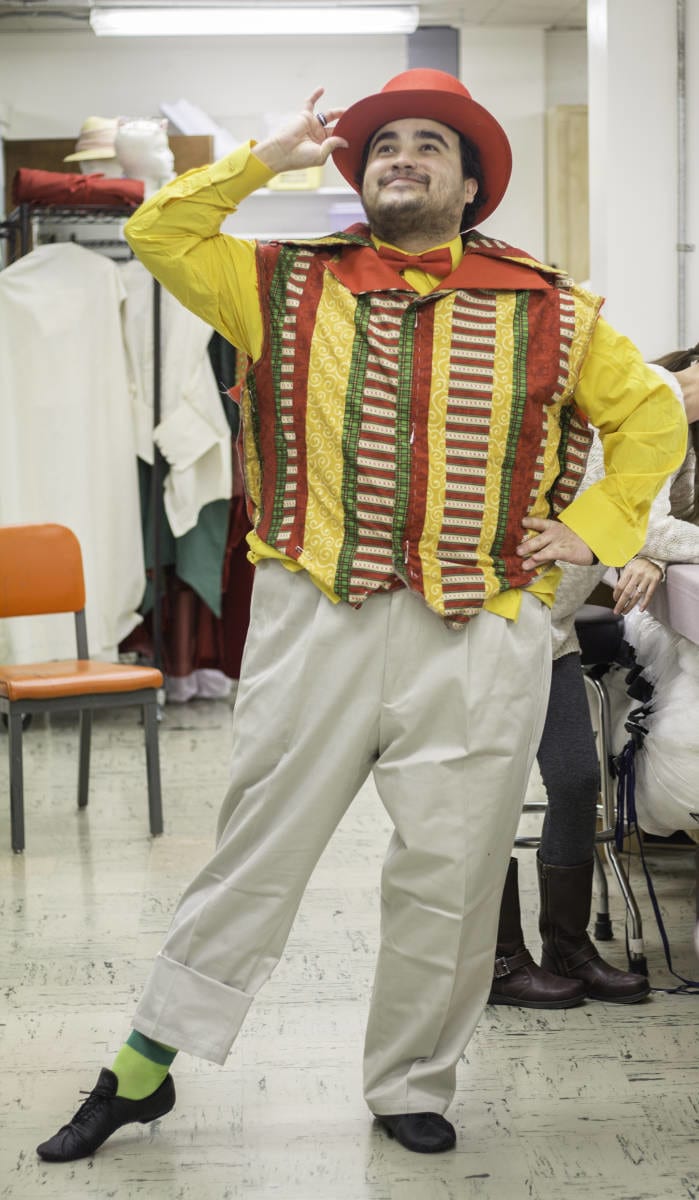 Henry Ballesteros tries on his costume for his character of Klunk in SUU's Toyland photo by Line Uhlen