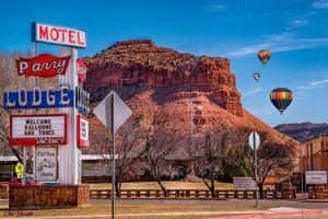 View of Kanab Balloons and Tunes Roundup from Parry Lodge. Photo by Jim Bassett