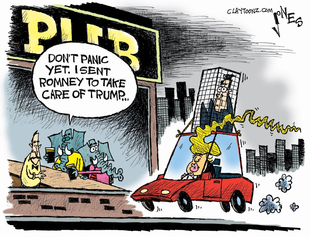 Donald Trump Mitt Romney cartoon Riding With Mittens