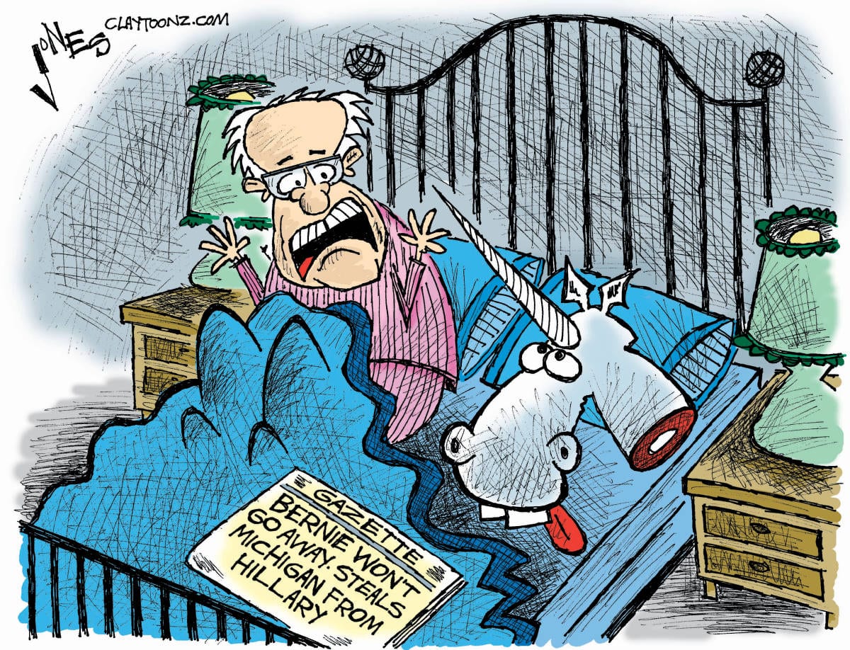 political cartoon Bernie Sanders Hillary Clinton unicorn