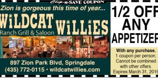 Springdale Utah Restaurant: 1/2 off apps at Wildcat Willies in March Springdale Utah Restaurant