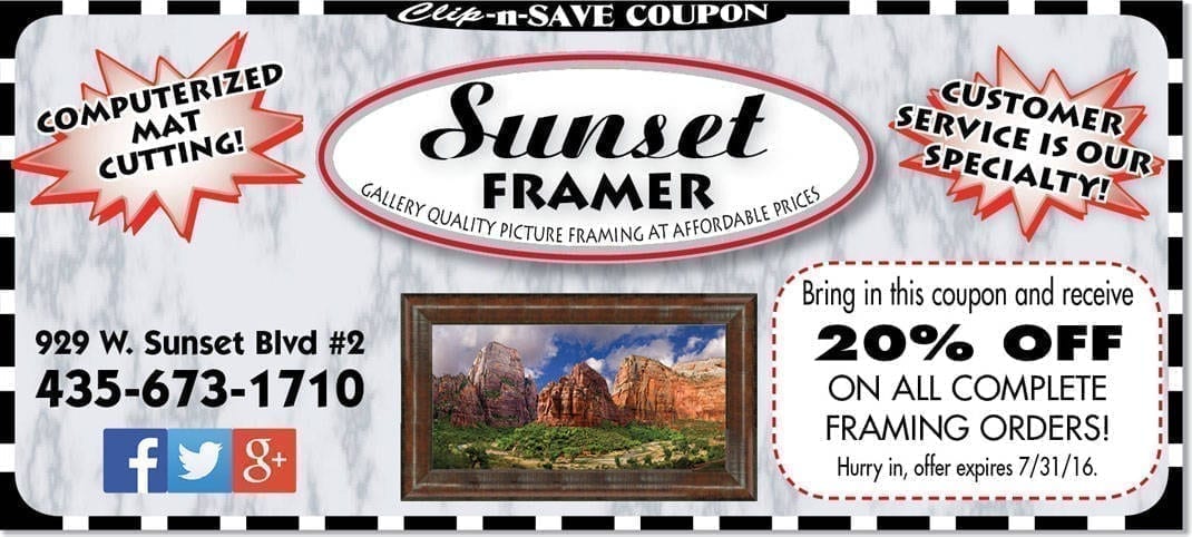 Artwork framing St. George southern Utah coupon Sunset Framer