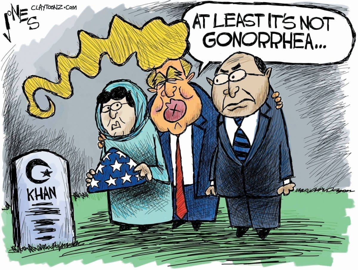 Donald Trump sacrifice Kzhit Khan political cartoon