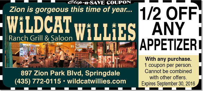 Springdale Utah restaurant coupon|1/2 off apps at Wildcat Willies in September