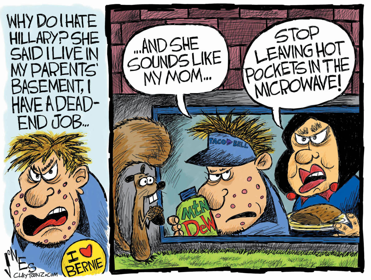 bernie sanders hillary clinton basement political cartoon