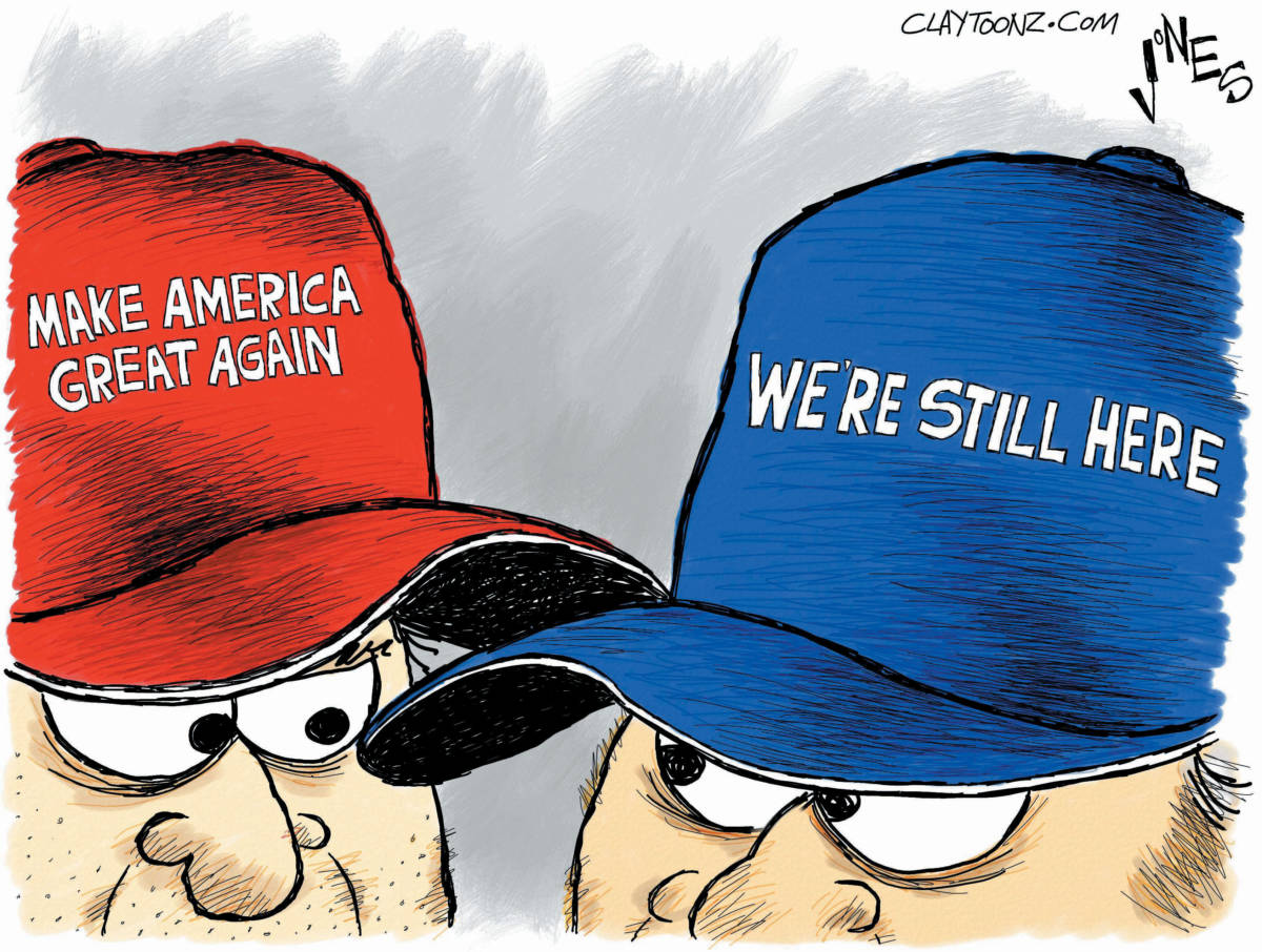political cartoon Bill Maher we're still here hats