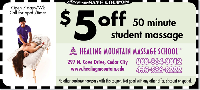 Massage Cedar City coupon | $5 off massage at Healing Mountain Massage School