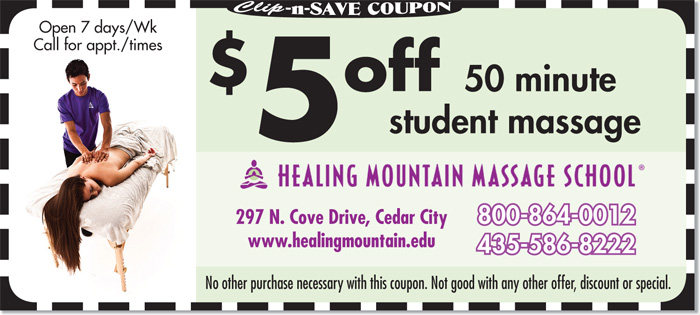 Massage Cedar City Utah | $5 off massage at Healing Mountain Massage School
