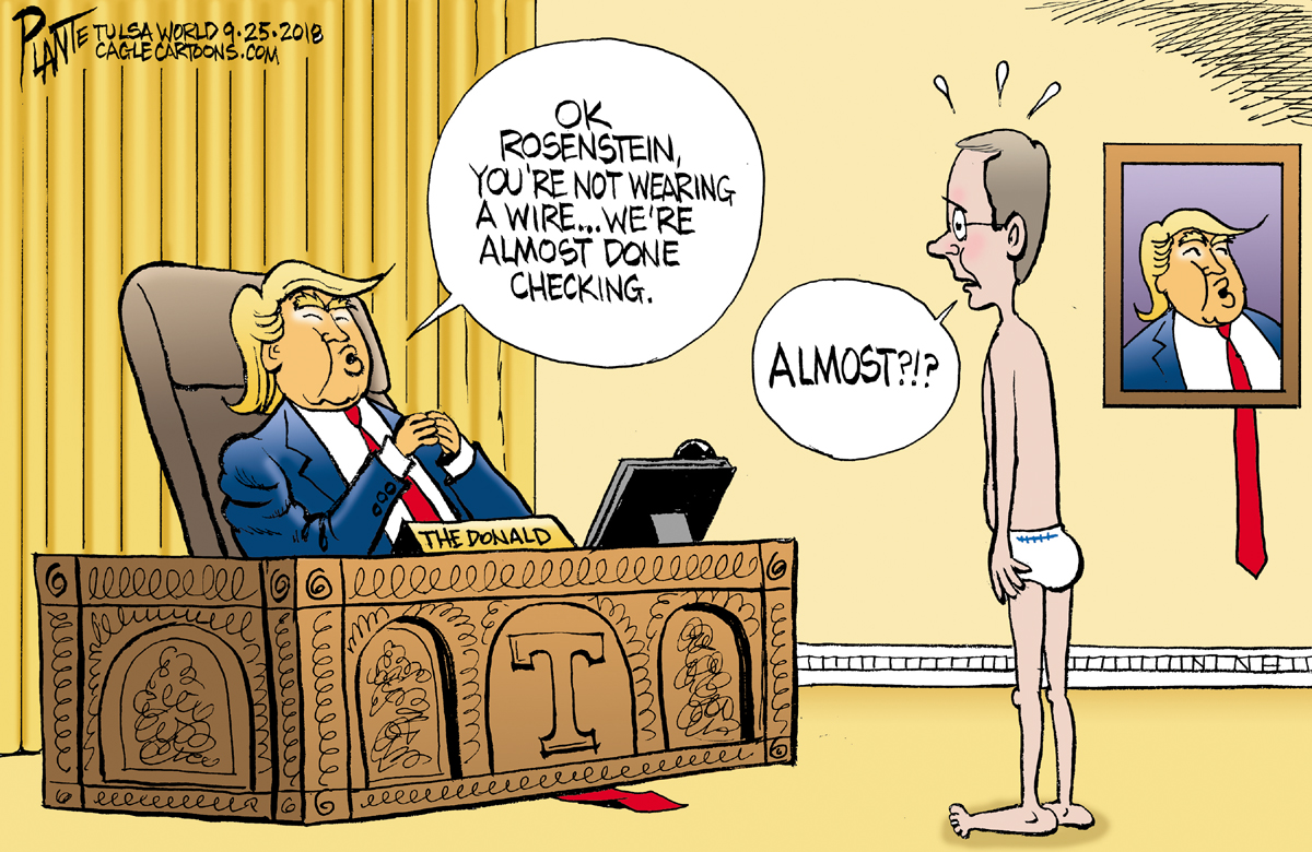 Bruce Plante Cartoon: Trump meets with Rosenstein, President Donald J. Trump, Assistant Attorney General Rod Rosenstein, wearing a wire, oval office, Plante 20180926