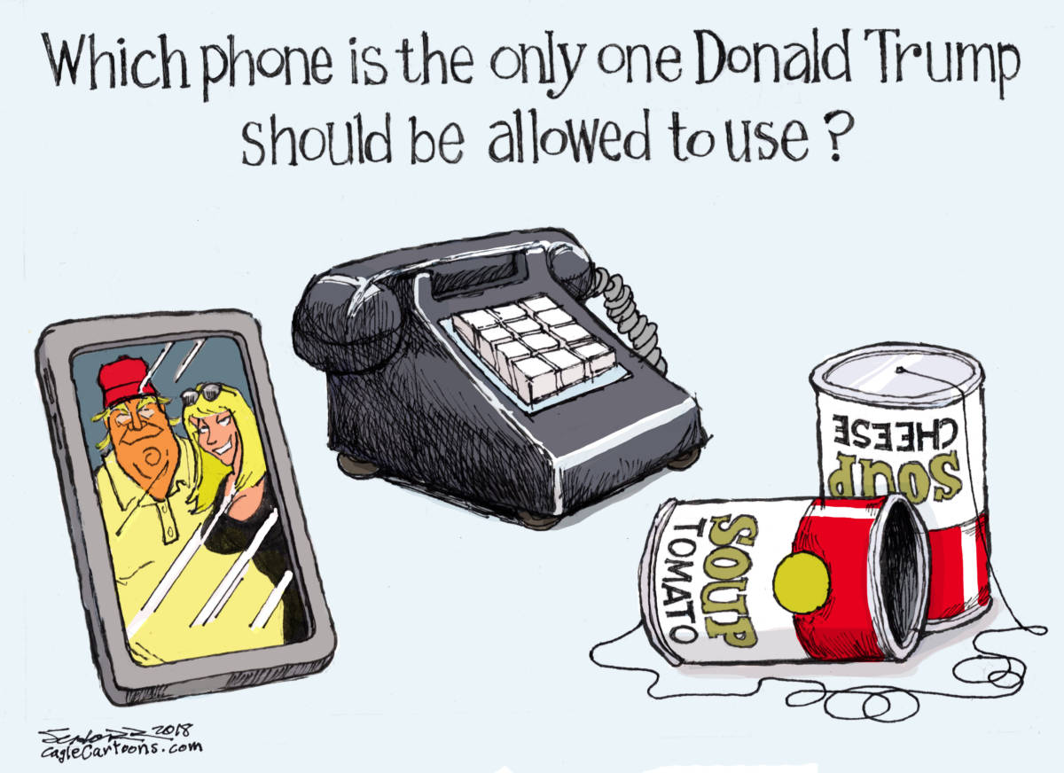 The only phone Donald Trump should be allowed to use, Bill Schorr, trump iPhone,unsecured phone,russia eavesdropping,chinese spying