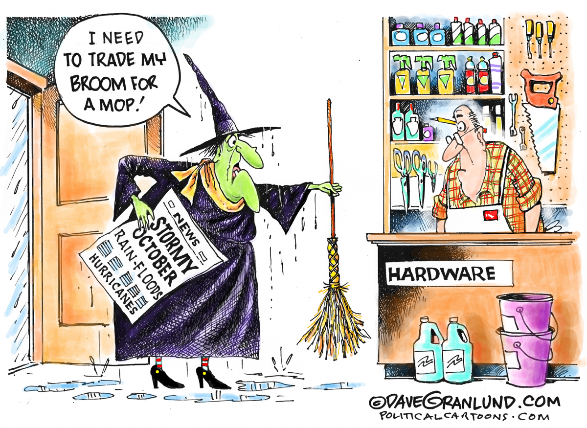 October stormy weather, Dave Granlund, rain, hurricane, flood, surge, rainy, clouds, weather, witch, broom, mop, wet weather, rivers, flooding, October,