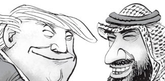 Trump and Saudi Prince Bin Salman Handshake Trump and Saudi Prince Bin Salman Handshake, Daryl Cagle, southern Utah, Utah, St. George, The Independent, Donald Trump,Crown Prince,Saudi Arabia,Mohammad Bin Salman Al Saud,blood,bloody hands,handshake,Turkey,Jamal Khashoggi,journalist,journalist,Washington Post,murder,dismember,embassy