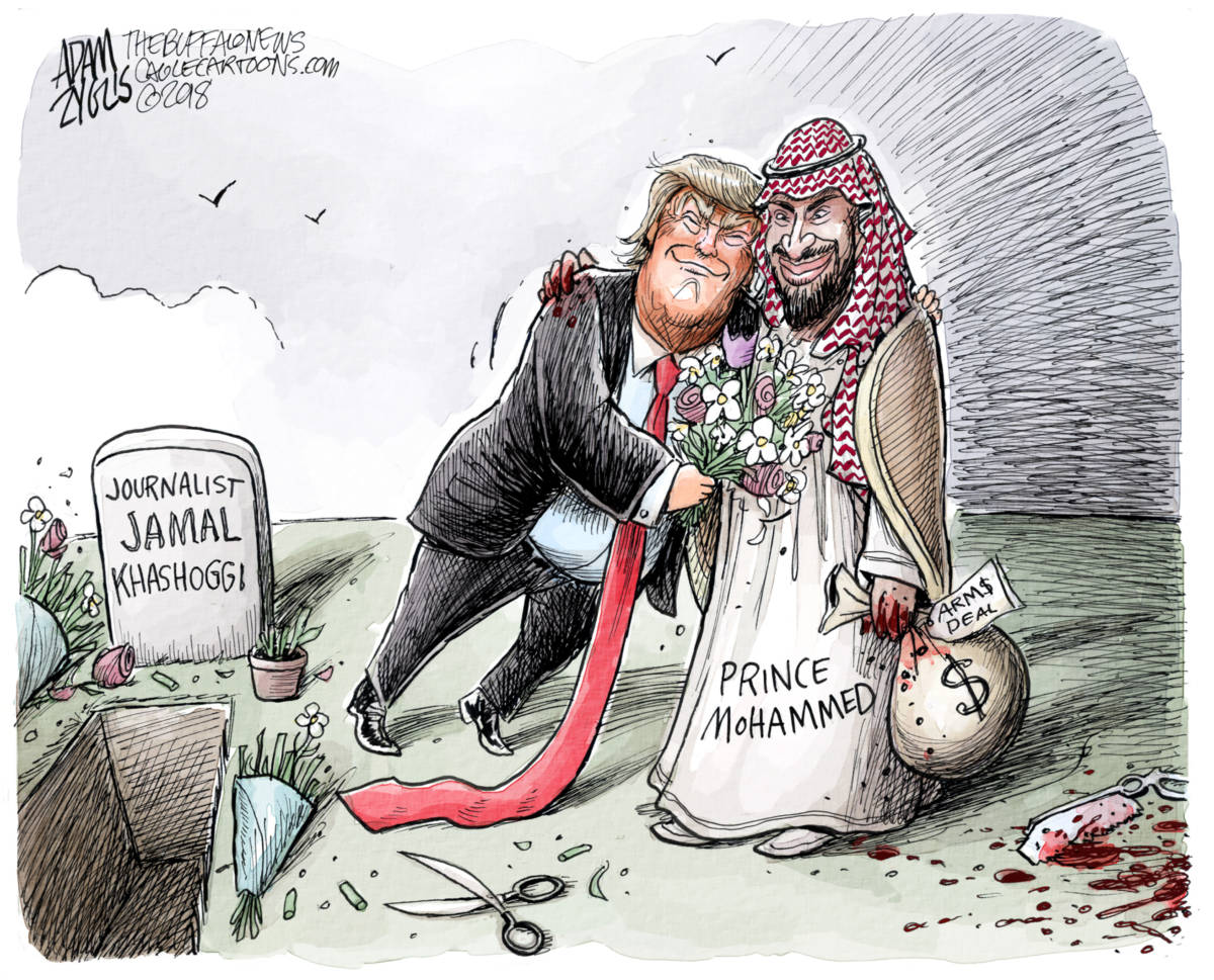 Trump and Prince Mohammed, Adam Zyglis, southern Utah, Utah, St. George, The Independent, jamal khashoggi, saudi arabia, prince mohammed, mohammed bin salman, trump, white house, journalist, washington post, arms deal, money, bone saw, murder, turkey, middle east
