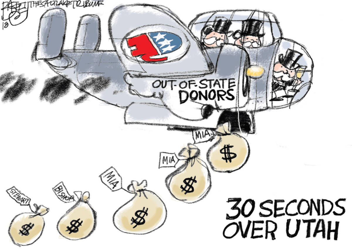 Campaign Cash, Pat Bagley, southern Utah, Utah, St. George, The Independent, Mia Love, Mia, Rob Bishop, GOP, bomber, bombing, donors, campaign cash, Rep Stewart, Chris Stewart, Utah, contributions, WW2, Republicans, billionaires, oligarchs