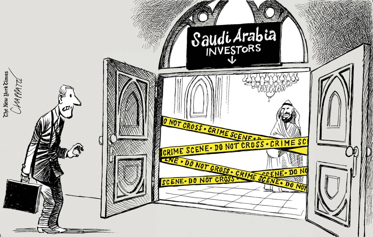 Not a good time for Saudi business, Patrick Chappatte, southern Utah, Utah, St. George, The Independent, death, Diplomacy, Monarchy, Prince Mohammed Ben Salman, Saudi Arabia, Trade, Turkey, USA, Weapons