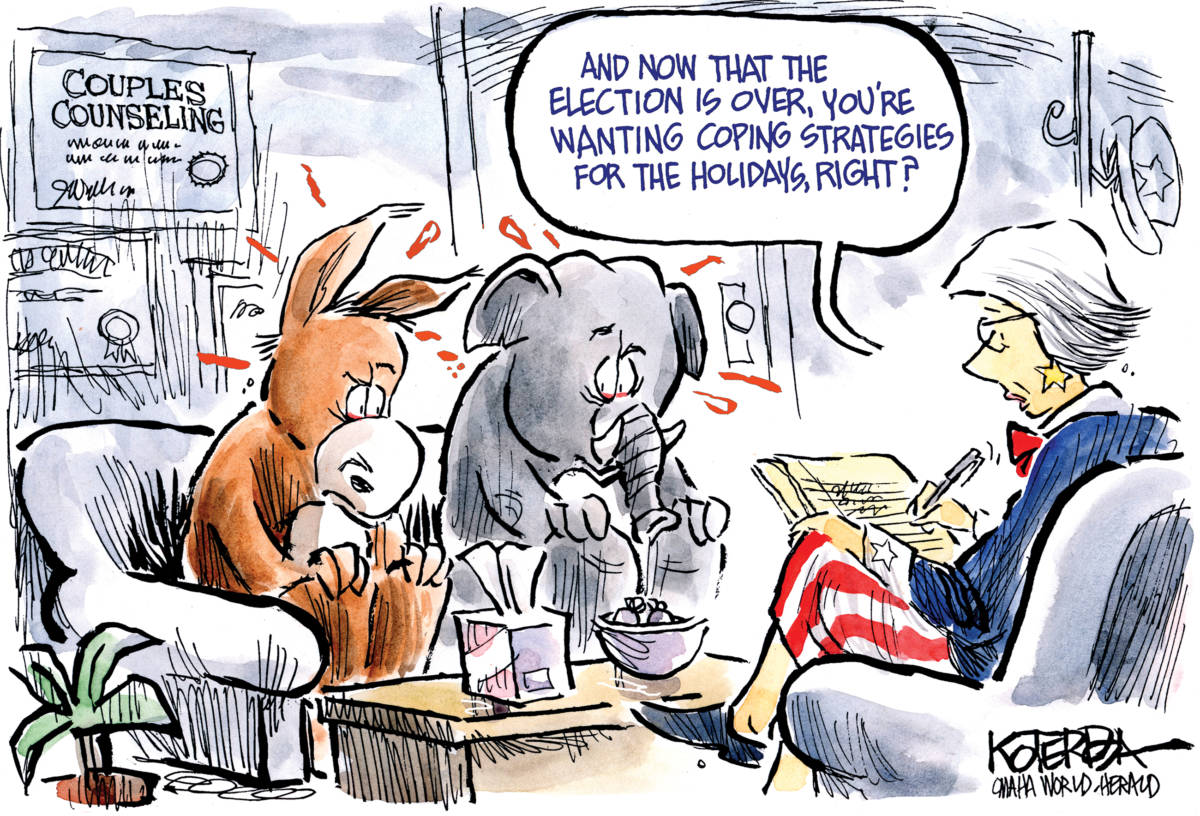 Post-Campaign Therapy, Jeff Koterba, southern Utah, Utah, St. George, The Independent, Therapy,counseling,campaign,Koterba,republican,democrat,elephant,donkey,Uncle Sam,Aunt Sam,election,holidays