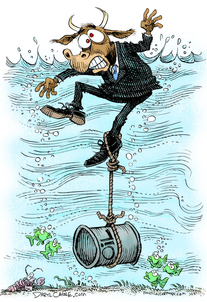 Oil Prices Sink Wall Street, Daryl Cagle, southern Utah, Utah, St. George, The Independent, Wall Street,economy,business,oil,energy,drown,water,sink,stock market,drown,Iran,Venezuela,Russia,Saudi Arabia,petroleum,bull,Best Political Cartoons,stock market 2016,cotd