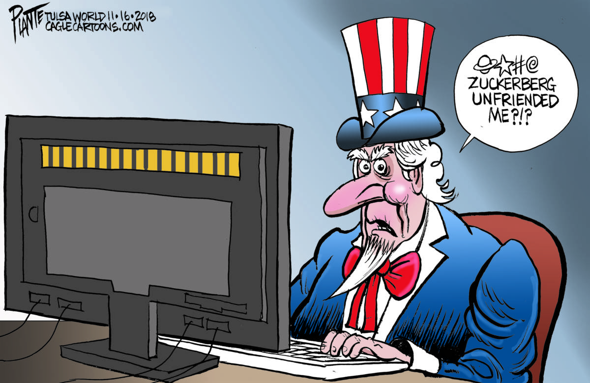 Uncle Sam and Facebook, Bruce Plante, southern Utah, Utah, St. George, The Independent, Bruce Plante Cartoon Uncle Sam and Facebook, Facebook CEO and Chairman Mark Zuckerberg, Russian interference, Hacking, Russian troll farm,
