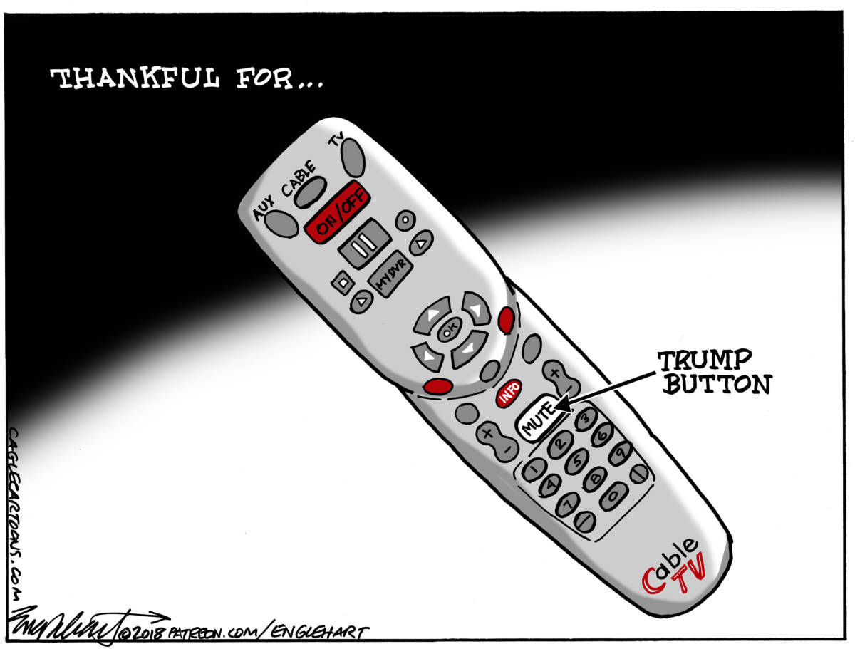Mute Button, Bob Englehart, southern Utah, Utah, St. George, The Independent, mute button,trump,remote control,englehart cartoon,cable tv,comcast,cox