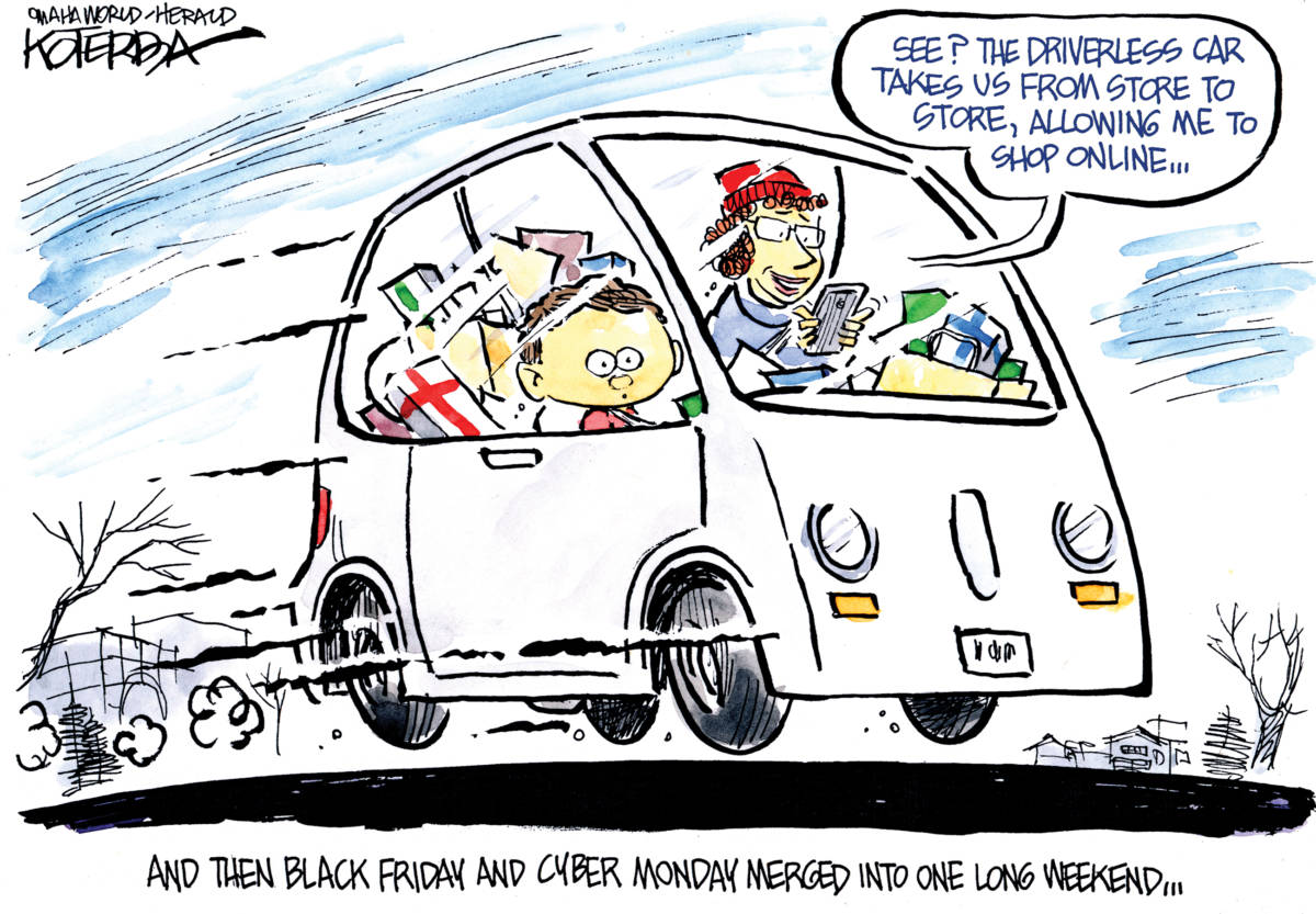 Shop and Go Traffic, Jeff Koterba, southern Utah, Utah, St. George, The Independent, Koterba, Christmas, shopping, Black Friday, Cyber Monday, driverless cars, online, Thanksgiving, driving
