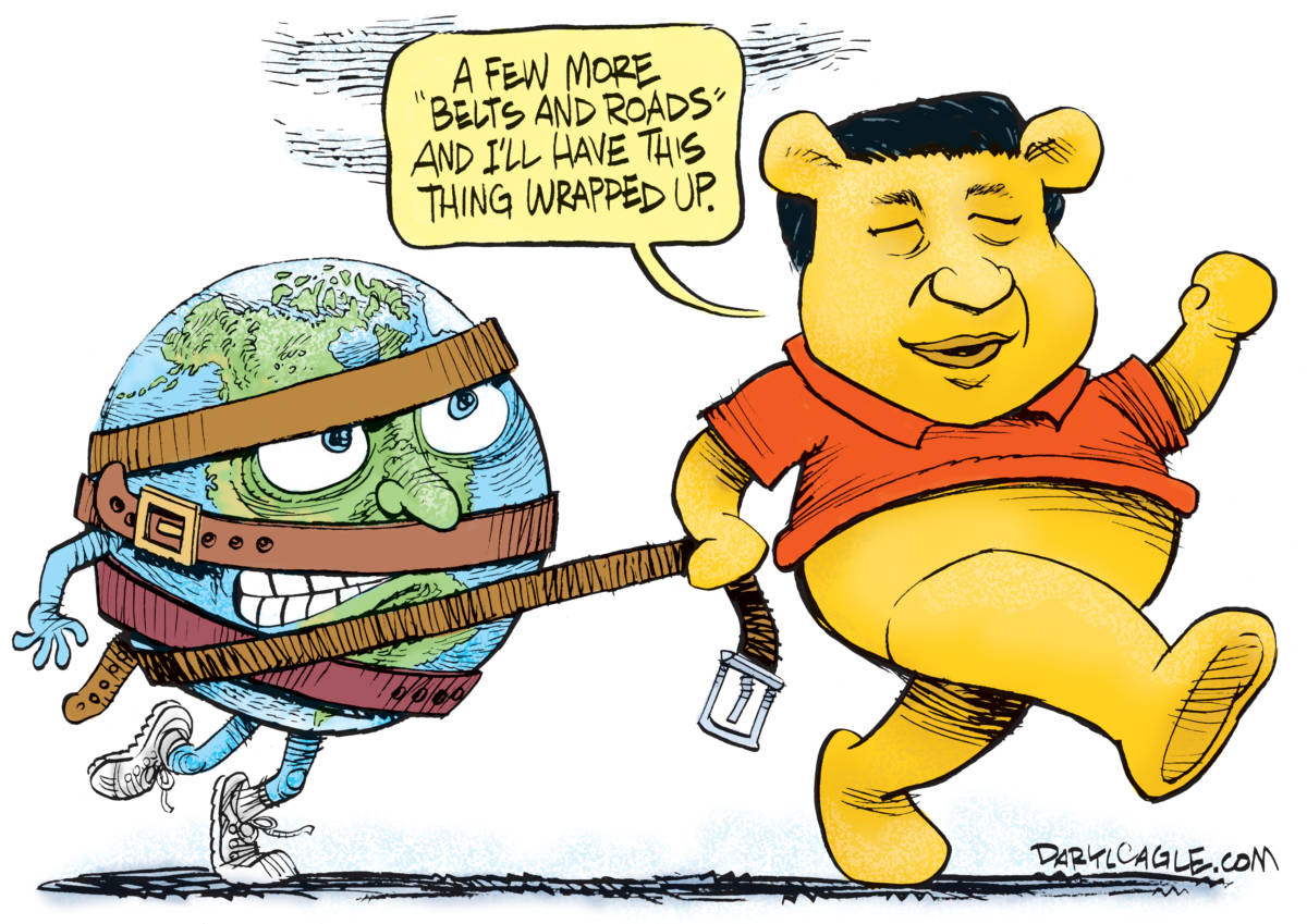 China Belts and Roads, Daryl Cagle, southern Utah, Utah, St. George, The Independent, China,Winnie the Pooh,bear,Xi Jinping,president,belts and roads,initiative,infrastructure,world,globe,888