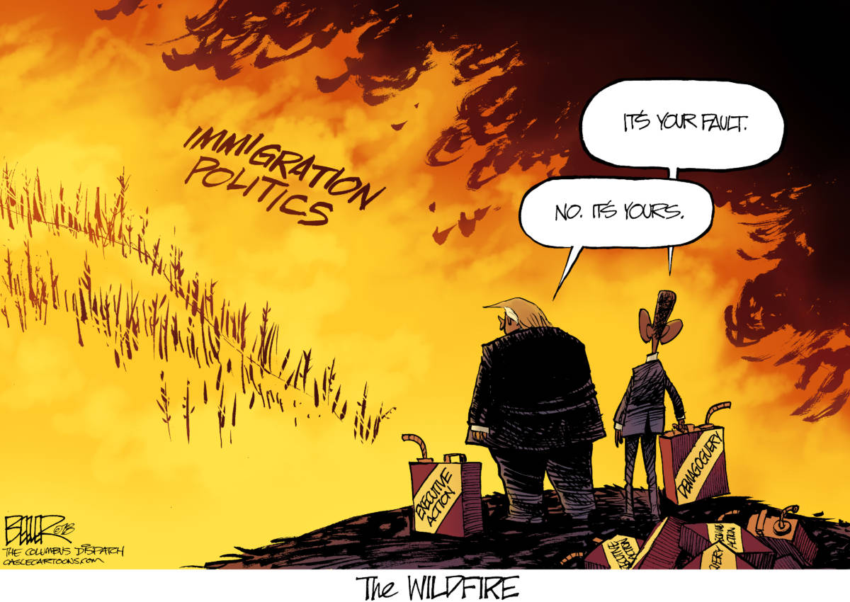 Immigration Wildfire, Nate Beeler, southern Utah, Utah, St. George, The Independent, donald trump, barack obama, president, politics, immigration, wildfire, migrant, caravan, law, demagoguery, executive action, government, border, fire