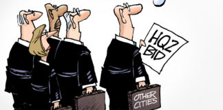 Amazon HQ2 Amazon HQ2, Nate Beeler, southern Utah, Utah, St. George, The Independent, amazon, hq2, washington, new york, arlington, virginia, dc, business, company, headquarters, crony capitalism, subsidies, subsidy, east coast, columbus, ohio, bid, logo, tongue
