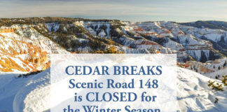 State Route 148 through Cedar Breaks closed for winter State Route 148, the scenic road through Cedar Breaks National Monument connecting Utah Highways 14 and 143, has closed for the winter.