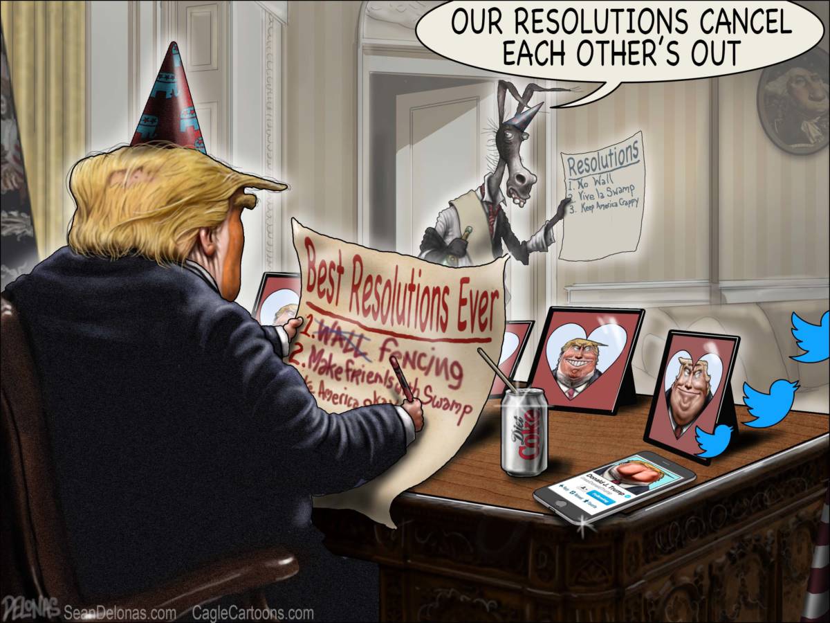 Trump Democrats Resolutions, Sean Delonas, New Years Resolutions, Donald Trump, Democrats, Wall, Block, Politics,