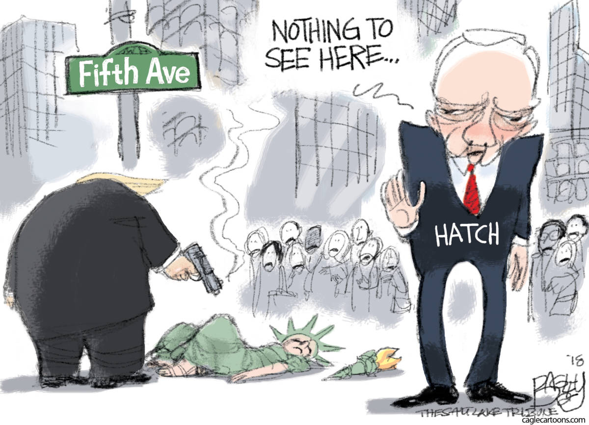 Hatch Act, Pat Bagley, southern Utah, Utah, St. George, The Independent, Trump, Orrin hatch, Hatch, Sen Hatch, Utah, Crime, Trump, Shoot someone, fifth Avenue, New York, Statue of Liberty, collusion, Russia, Payoff, Stormy Daniels, Karen McDougal, McDougal, Stormy, hush money, 2016, illegal, Cohen