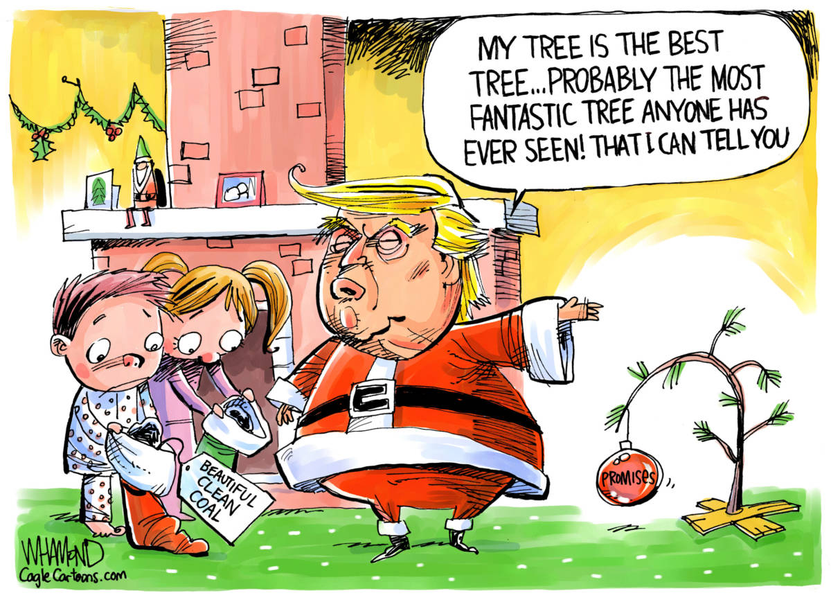 Trump and the Charlie Brown Christmas tree, Dave Whamond, southern Utah, Utah, St. George, The Independent, Santa Trump,failed campaign promises,disaster first term, Charlie Brown Christmas tree, coal in stockings,big talk no action