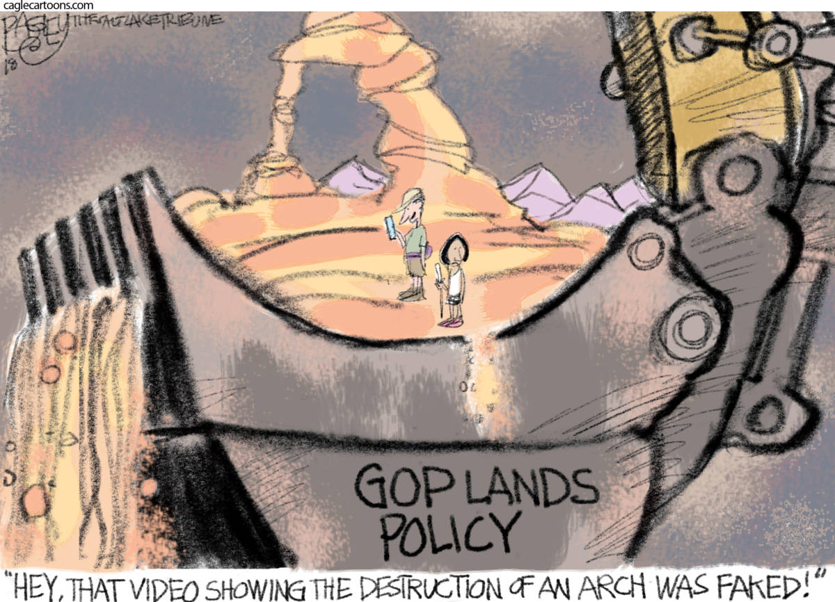 Arch Conservatism, Pat Bagley, southern Utah, Utah, St. George, The Independent, Trump, GOP, lands, public lands, blm, exploitation, extractive industries, corporations, corporate, land grab, Utah, arches, Arches National Park, National Monuments, Bears Ears, public, Zinke, Interior Department, theft