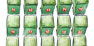 Advent calendar Advent calendar, Gatis Sluka, southern Utah, Utah, St. George, The Independent, Christmas, Advent, calendar, trash, trash can, hobo, present, December