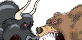 Bear and Bull Bear and Bull, Pat Bagley, southern Utah, Utah, St. George, The Independent, Stock Market, bear, bull market, bear market, correction, Wall Street, traders, Stock Exchange, greed, animal spirits, records, gains, losses, 401k, 1929, Trump Recession, recession, slowdown, Mnuchin