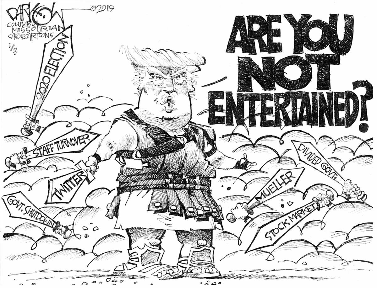 Are you not entertained?, John Darkow, southern Utah, Utah, St. George, The Independent, Trump,divided government,stock market,Mueller,government shutdown,staff turnover,Twitter,2020 election