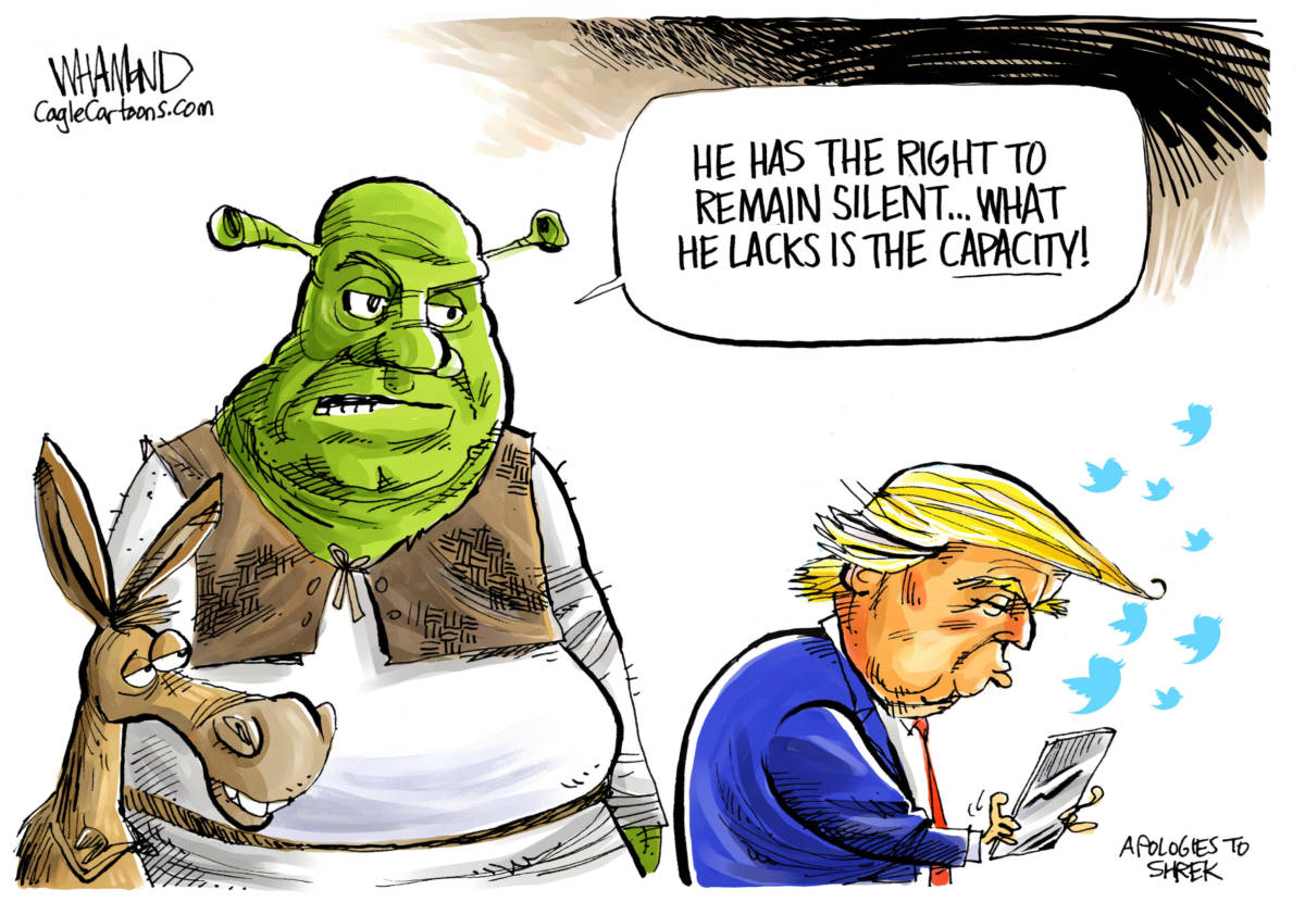 The Right To Remain Silent, Dave Whamond, southern Utah, Utah, St. George, The Independent, Trump tweets, twitter, Mueller investigating Trumps tweets, foot in mouth, twitter storm, Shrek quote, throwing gas on fire, presidential records