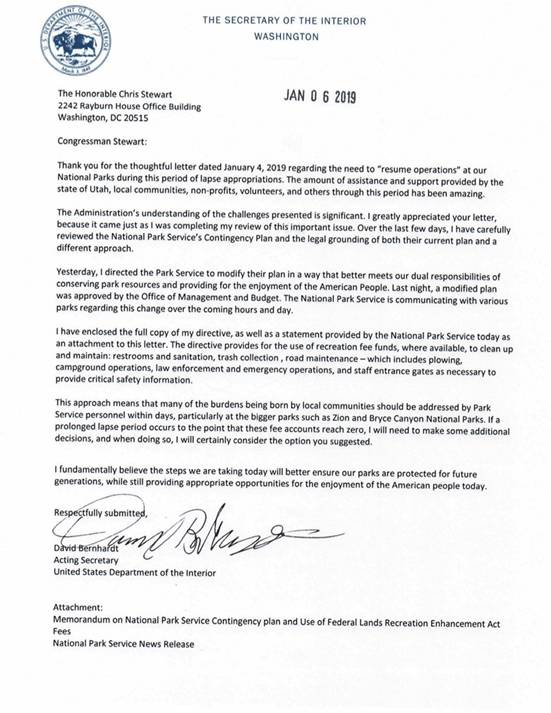 Reps. Chris Stewart, Rob Bishop, and John Curtis sent a letter to Acting Secretary Bernhardt requesting emergency action for Utah's national parks.
