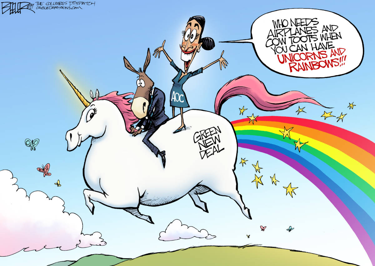 Green New Deal, Nate Beeler, southern Utah, Utah, St. George, The Independent, aoc,democrat,democratic party,green new deal,unicorn,rainbow,airplane,cow toots,policy,resolution,congress,legislation,liberal,left,climate change,big government,alexandria ocasio cortez,fantasy,