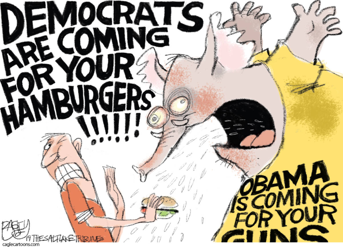 War on Hamburgers, Pat Bagley, southern Utah, Utah, St. George, The Independent, AOC, Alexandria Ocasio Cortez, congress, Green new Deal, environmentalism, environmentalist, global warming, climate change, cows, farting cows, airplanes, guns, NRA, GOP, republicans