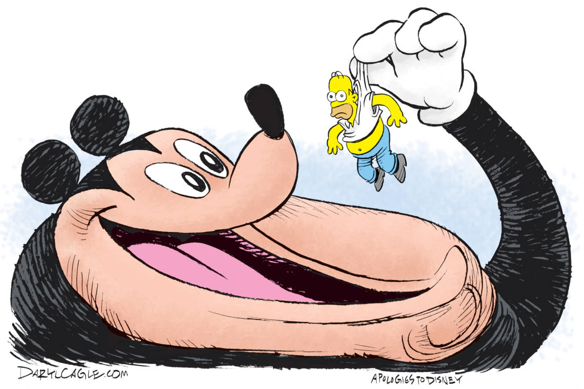 Mickey Mouse Eats Homer Simpson, Daryl Cagle, southern Utah, Utah, St. George, The Independent, Disney,Mickey Mouse,Fox,20th Century Fox,Fox Studios,The SImpsons,Homor Simpson,merger,Hollywood,Media,streaming,entertainment