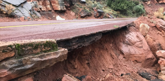 The Zion Mount Carmel Highway was closed the evening of March 2 after reports of an active rockslide on the switchbacks below the tunnel.