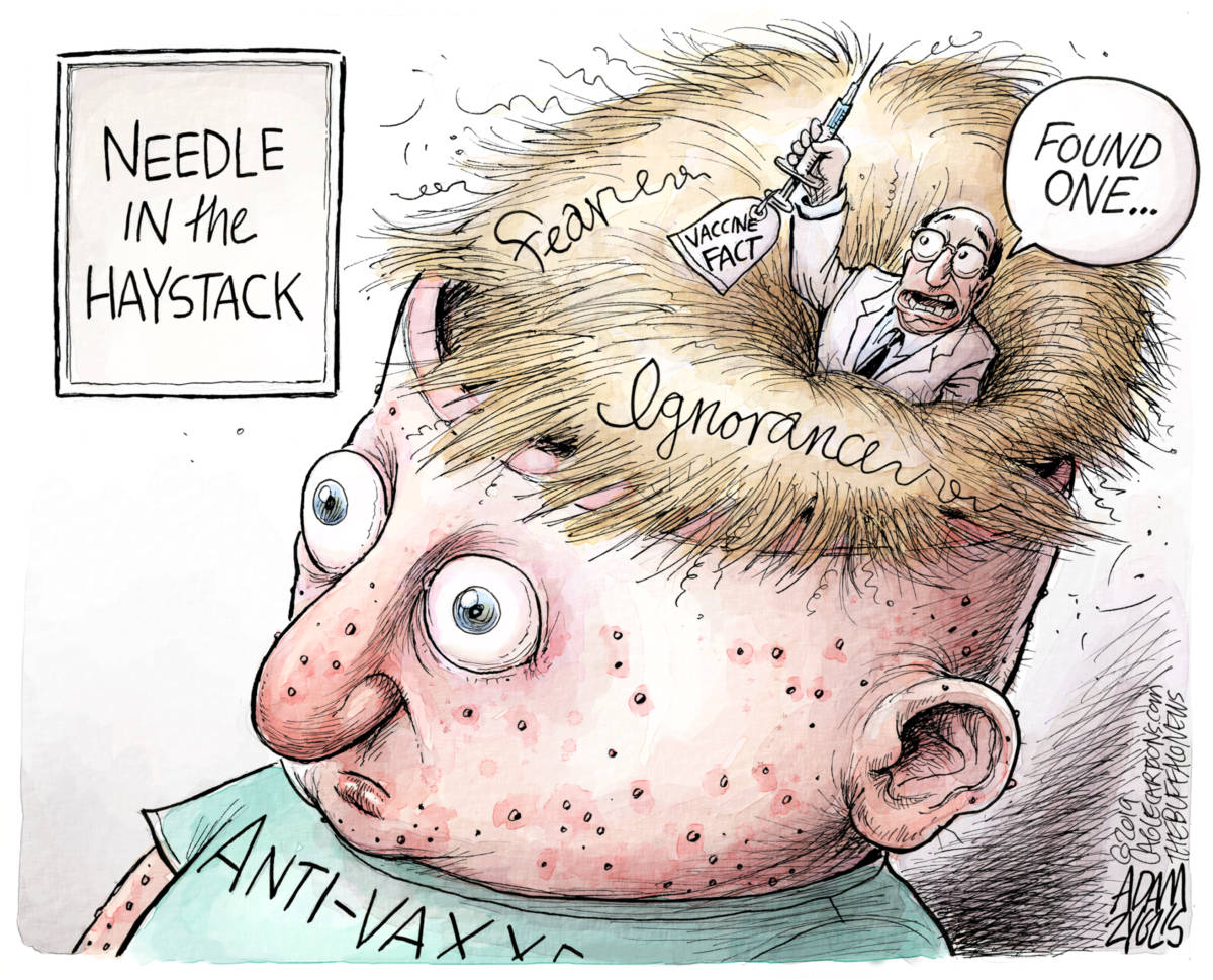 Antivaxxers, Adam Zyglis, southern Utah, Utah, St. George, The Independent, anti-vaxxers, vaccines, vaccination, measles, outbreak, new york, needle, haystack, fear, ignorance, science, facts