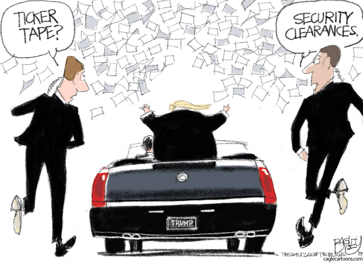 National Security Crisis, Pat Bagley, southern Utah, Utah, St. George, The Independent, Trump, Kushner, limo, presidential limo, ticker tape, parade, security, security clearance, spies, intelligence agencies, ethics, compromised, conflict of interest, hostile, Russia, China, CIA, FBI, Secret Service