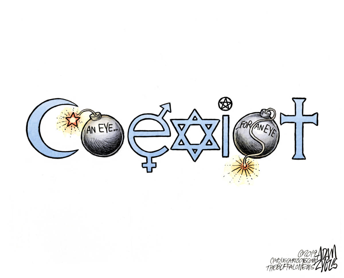Coexist, Adam Zyglis, southern Utah, Utah, St. George, The Independent, religion, violence, terrorism, eye for an eye, islam, christianity, judaism, sri lanka, church, attacks, easter, passover, san diego, new zealand, coexist