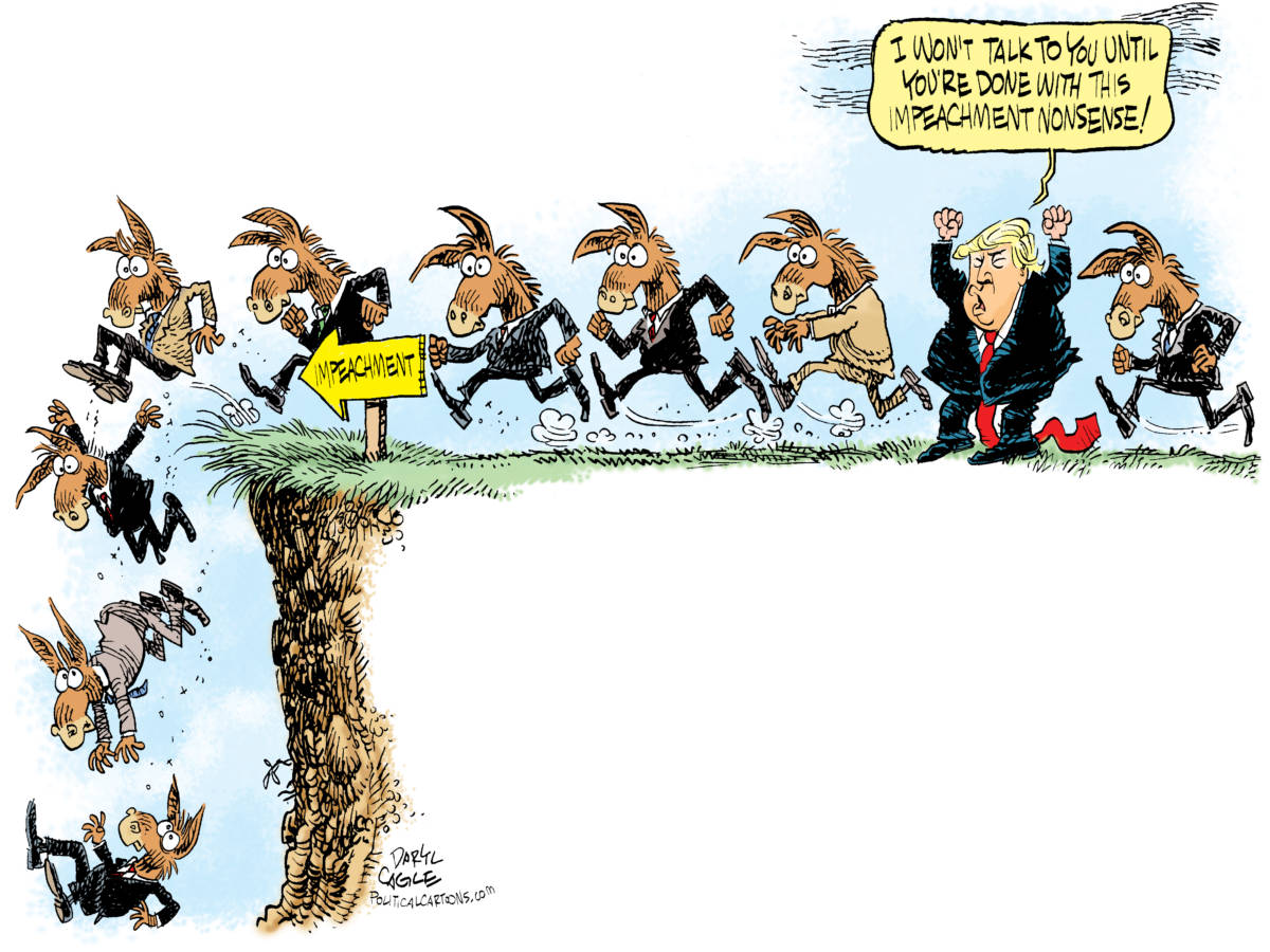 Rush to Impeachment, Daryl Cagle, southern Utah, Utah, St. George, The Independent, lemmings,cliff,impeachment,impeach,democrats,donkeys,Nancy Pelosi,tantrum,run,jump,president,congress