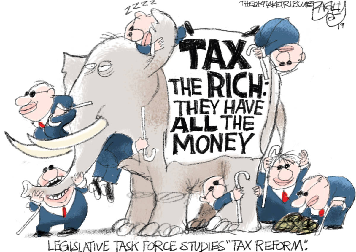 Utah Taxes, Pat Bagley, elephant, Utah, legislature, Utah Legislature, legislators, taxes, blind, flat tax, sales tax