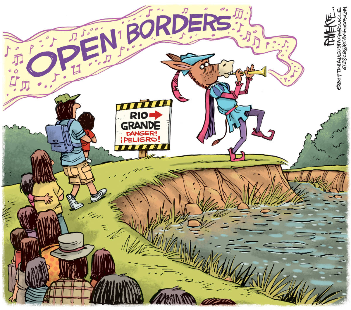 Pied Piper, Rick McKee, Pied Piper,Democrats,illegal immigration,border,Rio Grande,border,Mexico,