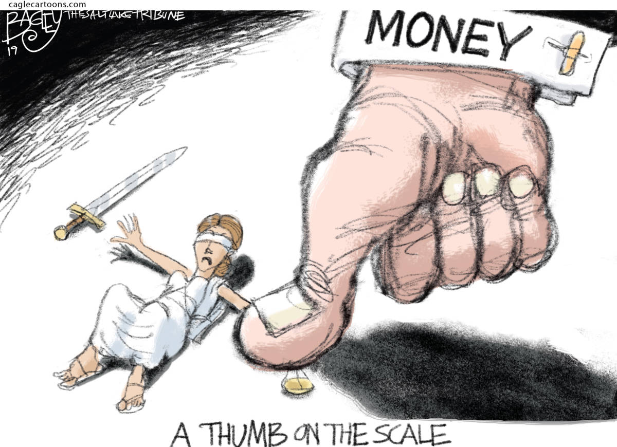 Thumb on the Scale, Pat Bagley, War on Women, justice, courts, SCOTUS, one percent, corruption, Epstein, trafficking, fraud, rich, oligarchy, money, power, thumb, scales of justice, lady justice, plutocracy, obstruction, obstruction of justice, wealth, wealth inequality