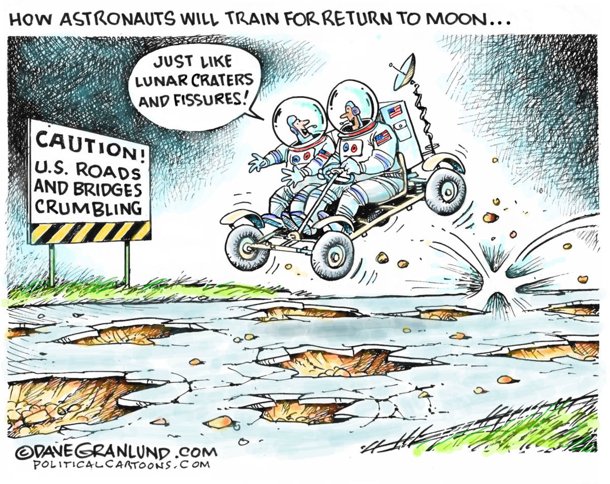 NASA return to Moon prep, Dave Granlund, lunar, infrastructure, crumbling, roads, bridges, NASA, astronauts, funding, cracks, holes, unsafe, fissures, craters, vehicles, training, space, 2024, USA, US, Moon return, plans