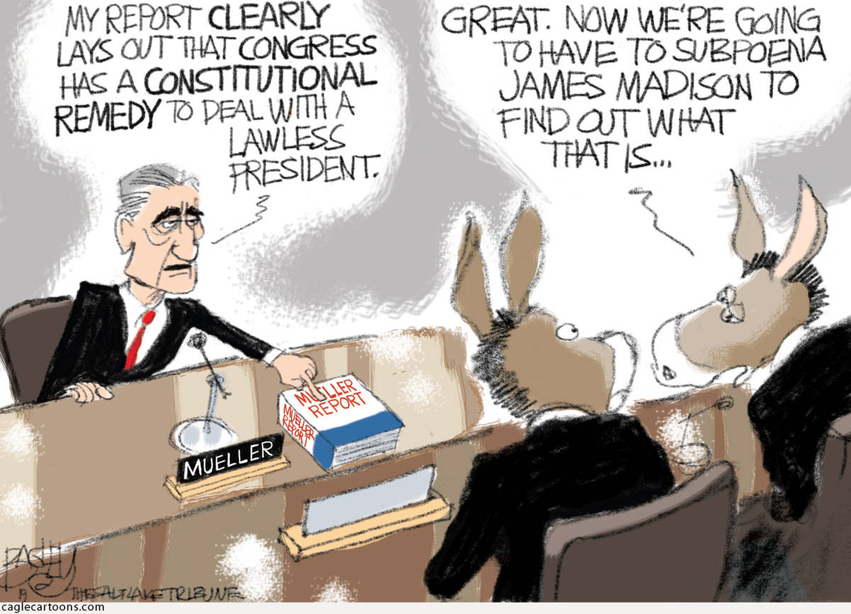 Mulling Mueller, Pat Bagley, Mueller probe, congressional hearings, hearings, congress, impeach, Impeachment, Pelosi, Mueller, Trump, collusion, Russia, obstruction probe, crime, criminality, high crimes and misdemeanors